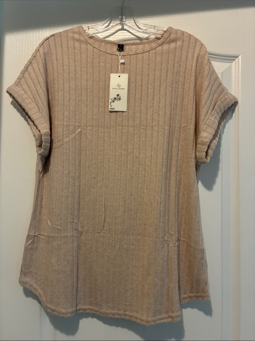 Seamed Ribbed Short Sleeve Top in Beige